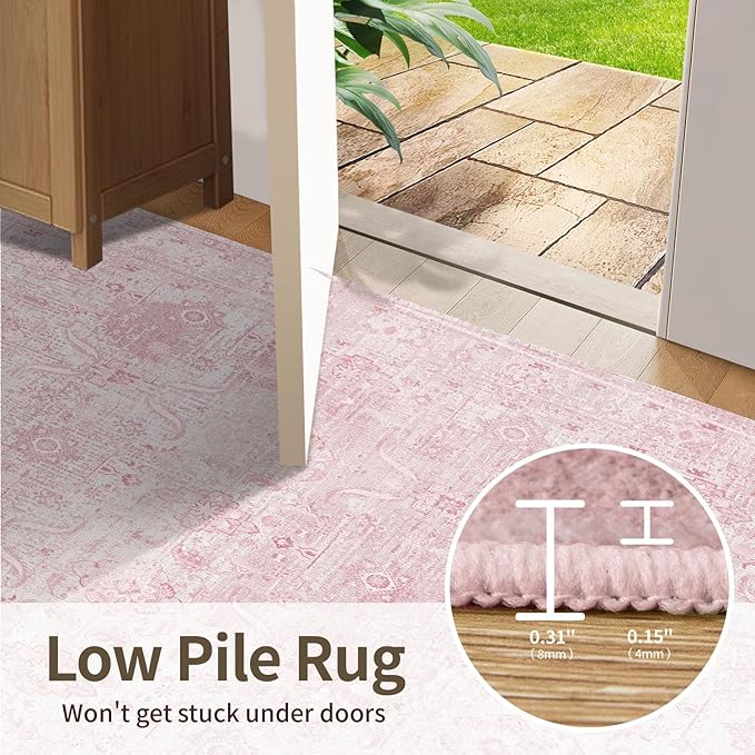 Rugxara Pink Rug for Living Room Bedroom, 5x7 Area Rugs Washable Vintage Floral Retro Boho Non Slip & Low Pile Nursery Carpet for Indoor Girls Kids Room, Classroom, Dorm, Playroom and Dining Room