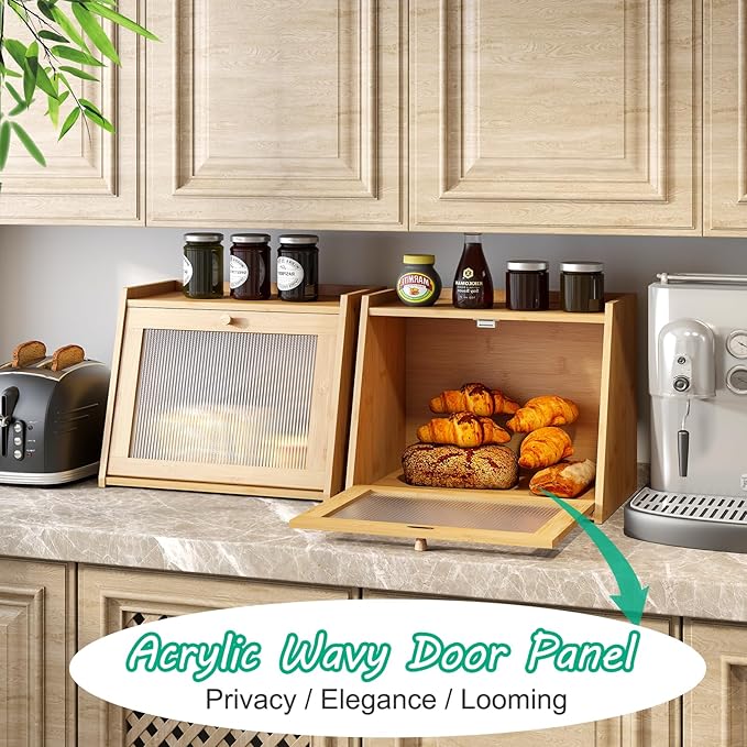 kiplant Large Bread Box for Kitchen Counter, Bamboo Bread Storage Container with Wavy Arcylic Transparent Door, Bamboo Wooden Farmhouse Bread Box for Your House