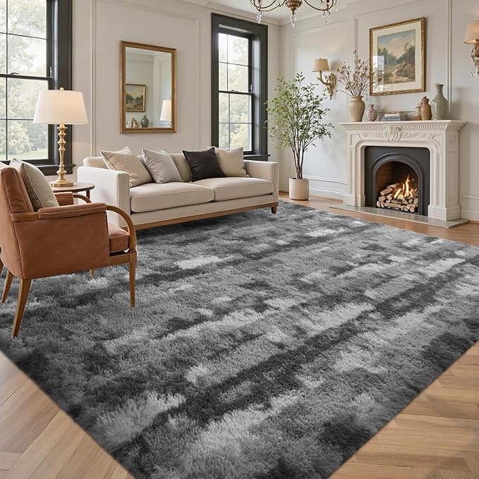 Area Rugs for Living Room 8x10 Feet, Soft Fluffy Shagg Plush Bedroom Rug Non-Slip,Large Carpet for Nursery Kids Dorm Home Decor Grey White