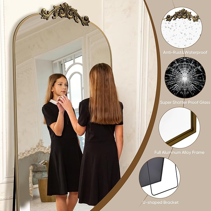 Antok Arched Full Length Mirror, 71"x32" Floor Mirror with Carved, Full Body Mirrors for HomeDecor, Standing/Halling Large Wall Mirror for Bedroom, Living Room, Cloakroom, Bronze, Retro Style