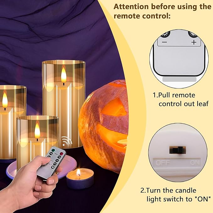 VIEWELLD Glass Flameless Candles with Remote and Timer, Battery Operated Candles, LED Pillar Candles, Electric Fake Candles, Real Wax Set of 3, Christmas Home Wedding Birthday Decor(Gold)