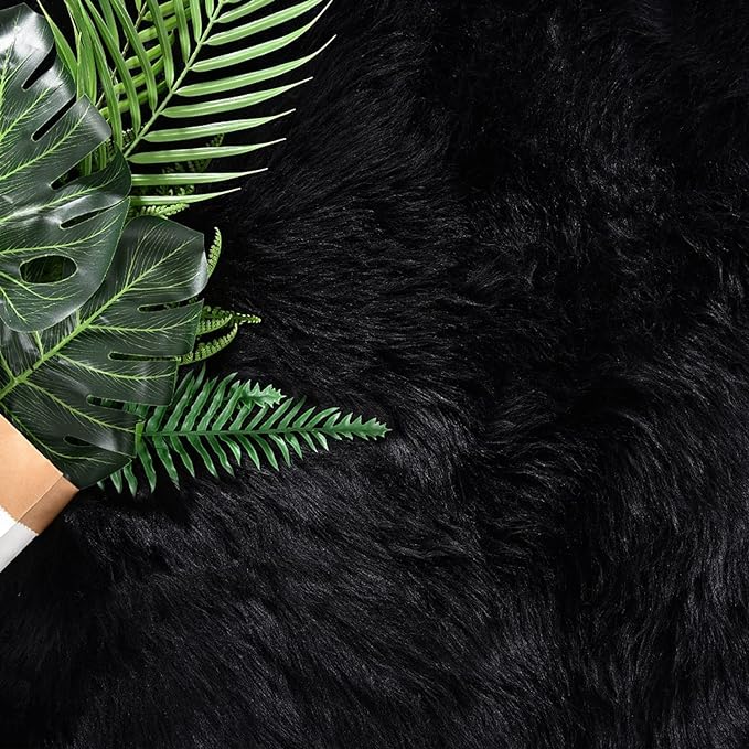 Latepis Black Faux Fur Round Rug 6.7ft Shag Sheepskin Rug for Bedroom Fluffy Carpet for Living Room Furry Rugs for Playroom Luxury Home Decor