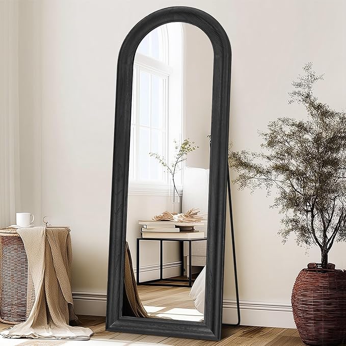 Solid Wood Full Length Mirror - 65"x22" Arched Floor Mirror, Free Standing & Wall Mounted - Elegant Design for Bedroom, Dressing Room, Hallway, Black