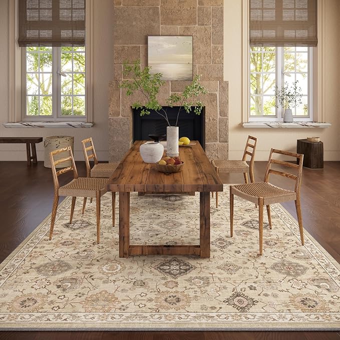 Machine Washable Rug for Living Room: 9x12 Area Rugs Boho Vintage Rug Stain Resistant Non Slip Low Pile Soft Lightweight Carpets for Bedroom Kitchen Dining Room Nursery Kids Room Farmhouse