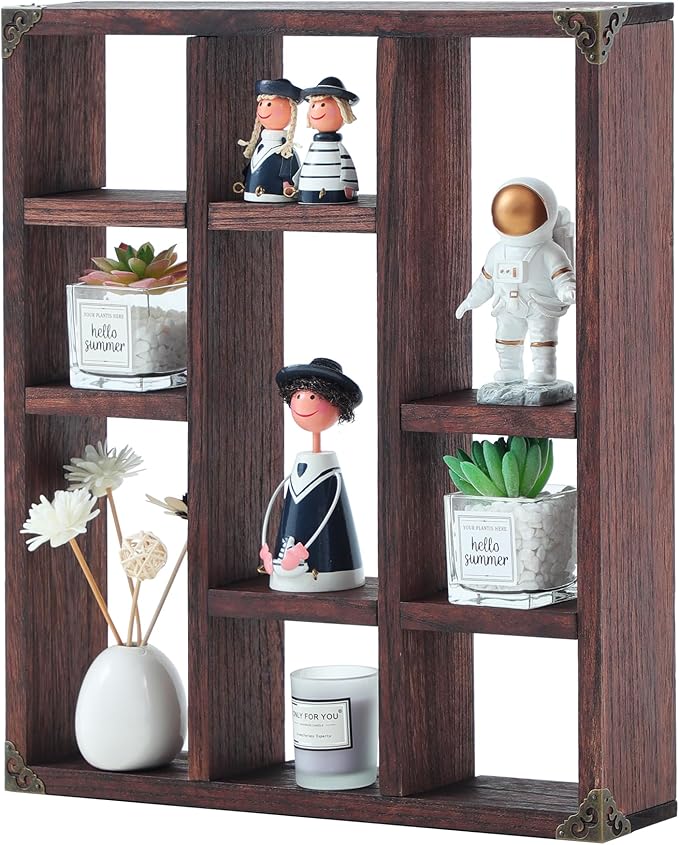 17.7x15.7-Inch Shadow Box Shelf 9-Slot Rustic Floating Shelves Larger Wall Mounted Shelf Lightweight Solid Wood Display Shelf Freestanding Farmhouse(Set of 2,9C-Rustic Walnut)
