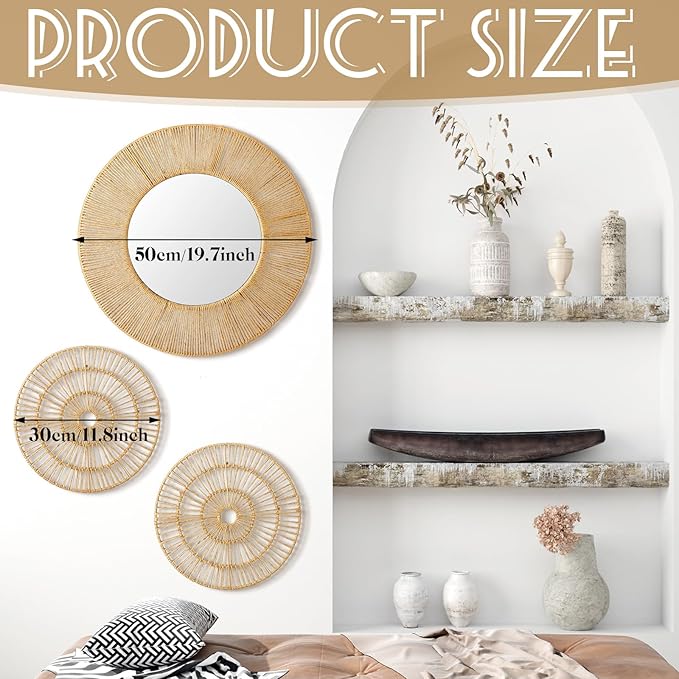 Yerliker 3 Pcs Boho Mirror Wall Decor, Natural Jute Woven Round Mirror, 19.7" Large Decorative Mirrors with 2 Wall Art Plaques, Rustic Farmhouse Coastal Decor for Bathroom Bedroom Living Room Entryway