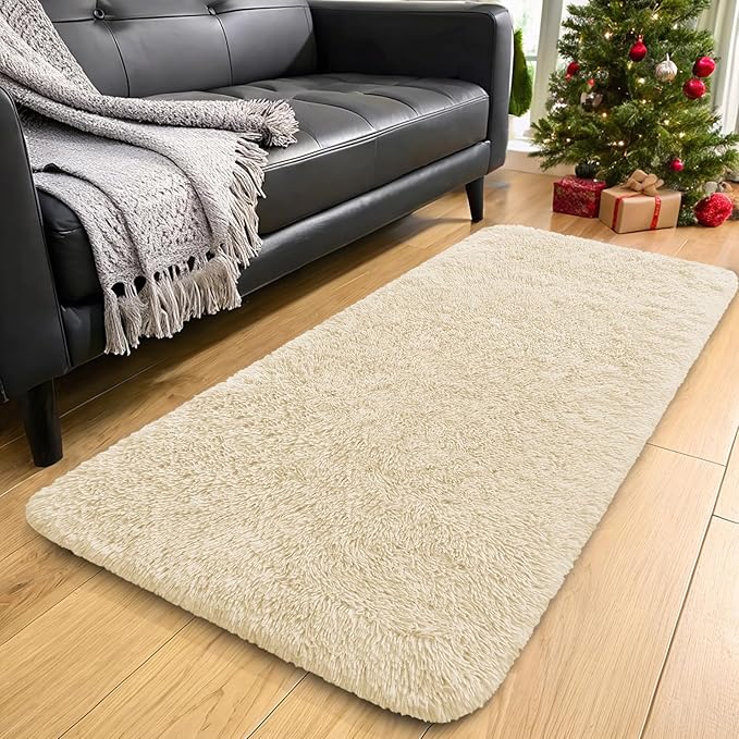 OLANLY 2x5 Machine Washable Runner Rugs for Hallway, Soft Fluffy Shaggy Bedside Rugs for Bedroom, Living Room, Indoor Floor Carpet for Kids Girls and Boys, Nursery Rooms, Home Decor Aesthetic, Cream