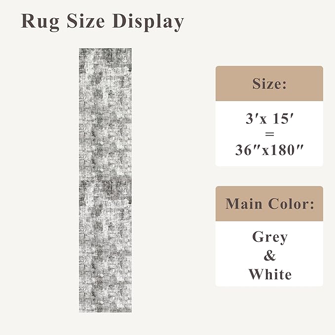 3x15 Ft Long Hallway Runner Rug - Non-Slip Washable Kitchen Runner Rug with Rubber Backing | Modern Abstract Wide Floor Carpet Runner for Indoor Entryway, Bedroom, Living Room（Grey）