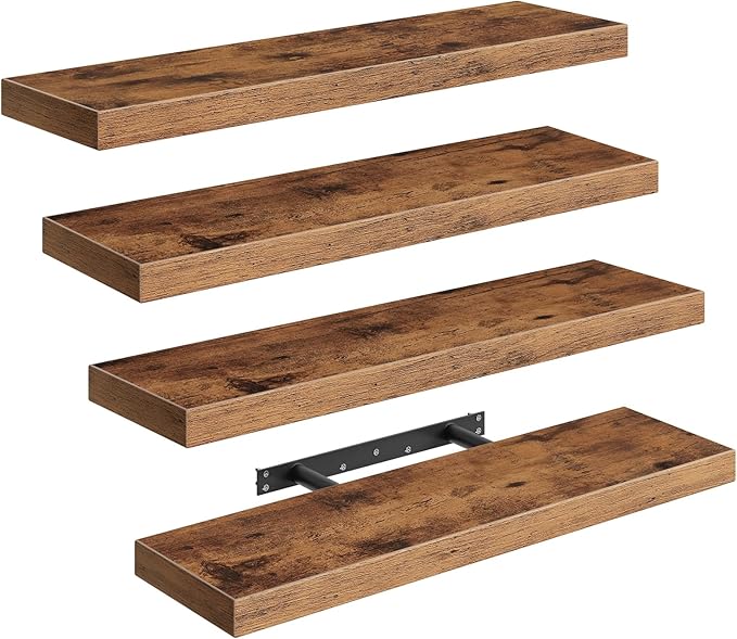 RALGEND Floating Shelves for Wall, 23.6“ Long Wall Shelf Set of 4 with Invisible Brackets, 1.5" Thick Hanging Shelves Farmhouse Home Decor for Bathroom, Living Room, Bedroom, Rustic Brown 6301BJP4BF