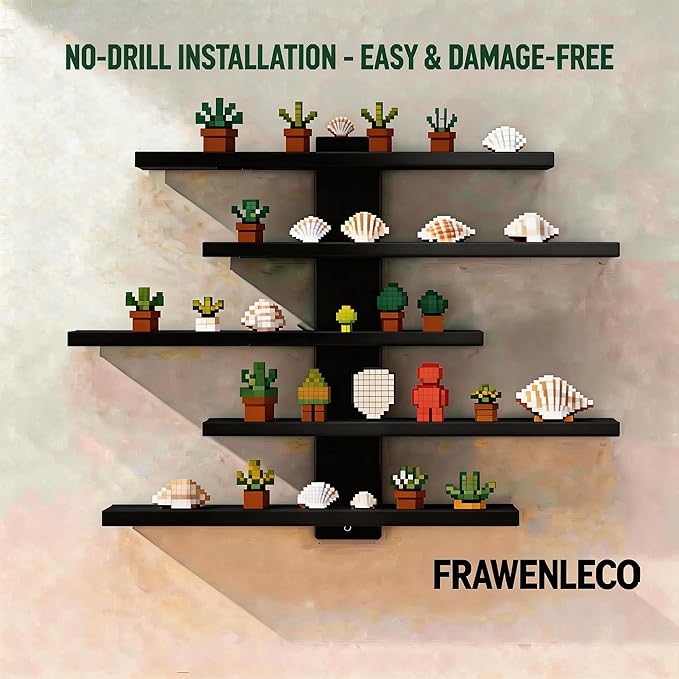 No Drill Floating Shelf for Wall, 5-Tier Wall Mounted Organizer, Damage-Free Display Shelf for Collectibles, Figures, Bathroom Kitchen Storage, Black