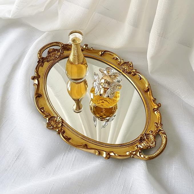 Oval Decorative Mirror Tray, French Style, Makeup Organizer, Jewelry Organizer, Serving Tray, 9.8"x 14.6", Gold