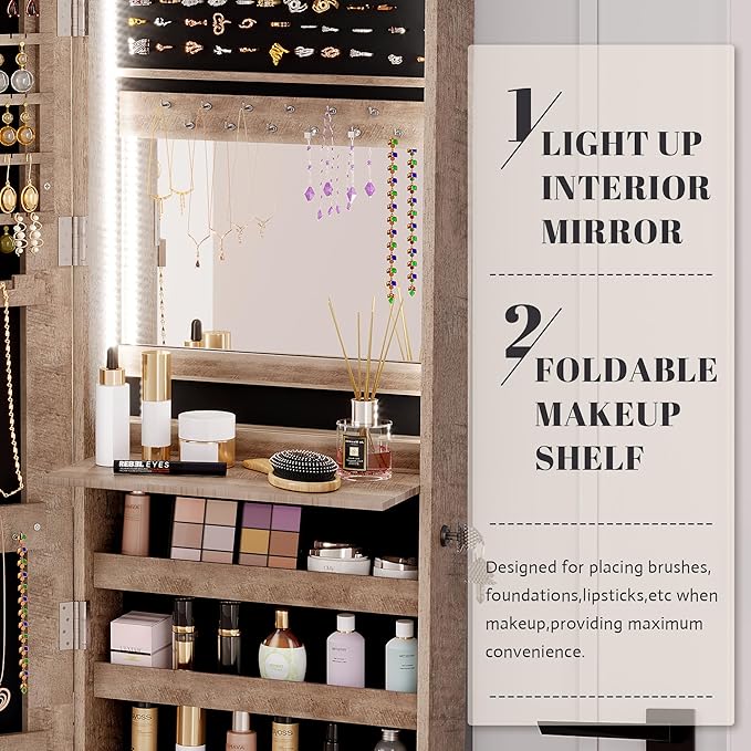 Vlsrka 47.2 Inch Full Length Mirror with Storage, Wall Mount Mirror Jewelry Cabinet, Over The Door Hanging Jewelry Armoire Organizer, Built-in Light, 4 Drawers, 5 Shelves, Christmas Gift (Wood)