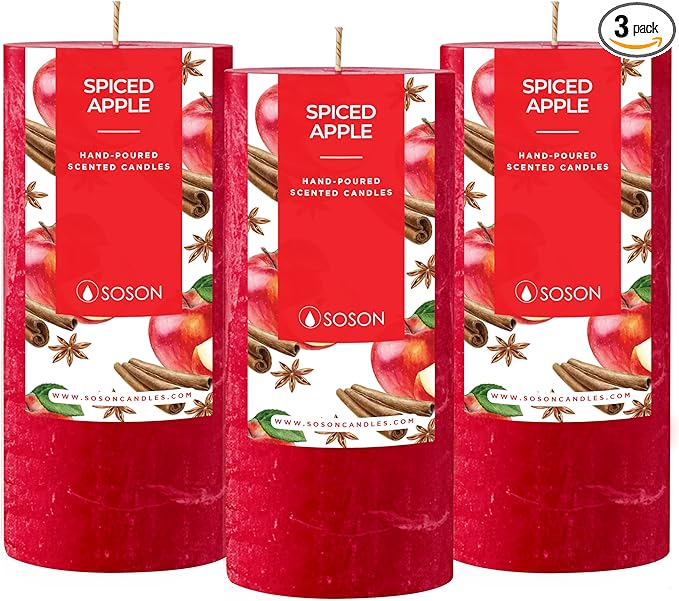 Simply Soson Apple Spiced Scented Candle Set: 3x6 inch, 3 Cinnamon Apple Candles for Fall Home