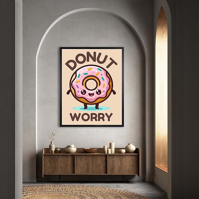 InkFlow Posters Donut Worry Poster - Smiling Donut Illustration - Playful Kawaii Food Art - Kids Bedroom Playroom Kitchen Decor - Cheerful Cartoon Wall Print - 18x24 Unframed Canvas Print