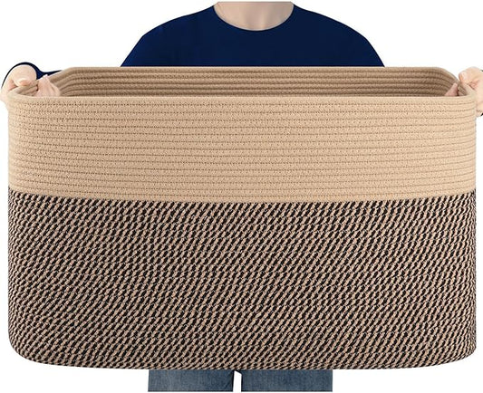 96L XL Large Cotton Rope Basket, Soft Toy Storage Bin for Nursery & Living Room, Decorative Blanket Basket for Bedroom, Baby-Safe Organizer for Pillows &Laundry, 24''×16''×15'', Brown & Black