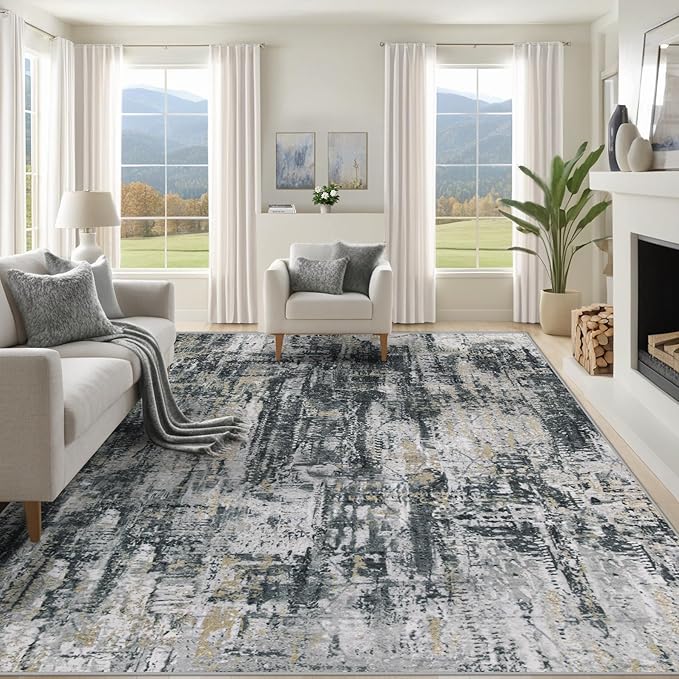XLUEZ 9x12 Area Rug for Living Room, Washable Modern Abstract Large Area Rug Neutral Soft Non Slip Kids Rug Stain Resistant Indoor Carpet for Bedroom Dining Room Playroom Office(BlackGreyGold, 9'x12')