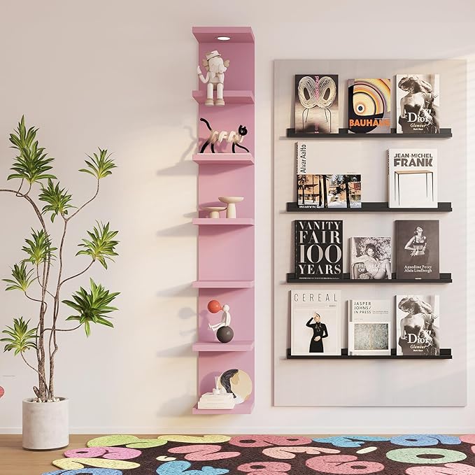 LitaEther Versatile 7 Tier Wall Shelf Unit,Pink Lack Wall Shelf,Display Floating Shelf with LED Remote Control Light