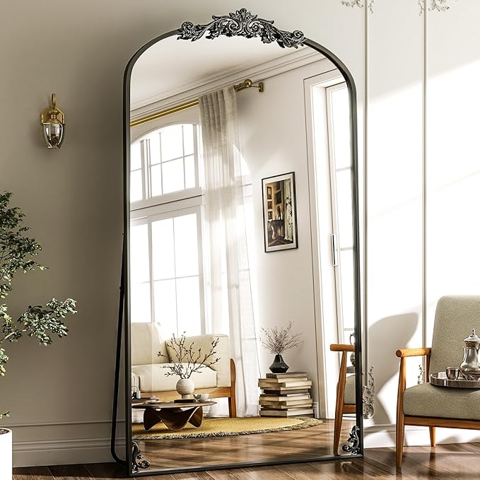 GLSLAND Vintage Mirror - 72"x 44" Full Length Mirror Large Carved Arched with Metal Frame Baroque Full Body Mirrors for Bathroom/Living Room/Entryway,Black