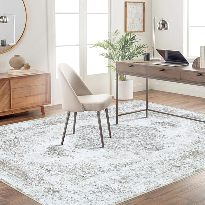 XLUEZ Area Rug 4x6 Vintage Rug, Machine Washable Vintage Distressed Medallion Rug Non-Slip Soft Low Pile Large Indoor Rugs for Bedroom Kitchen Dining Room Office(Taupe,4'x6')