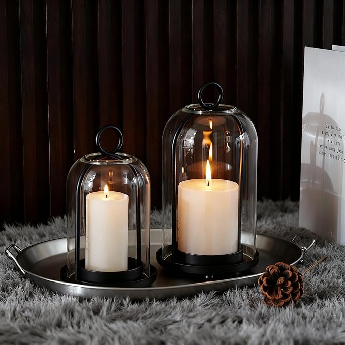 Glass Hurricane Candle Holder Decorative Gold Candle Lantern, Pillar Candlestick Holders Set of 2, Hanging Metal Holder Modern Table Centerpieces, Black