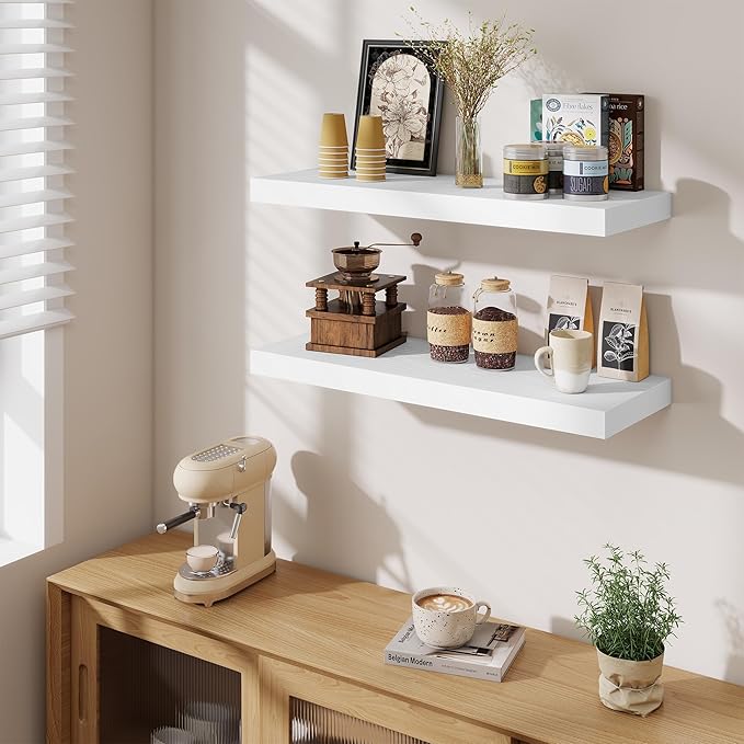 Fun Memories Floating Shelves for Wall, 30 Inch Long Floating Shelves Set of 2, 30 x 10 Wooden Shelves for Wall, Large Storage Shelves, Hanging Shelves for Bathroom Kitchen Bedroom, White