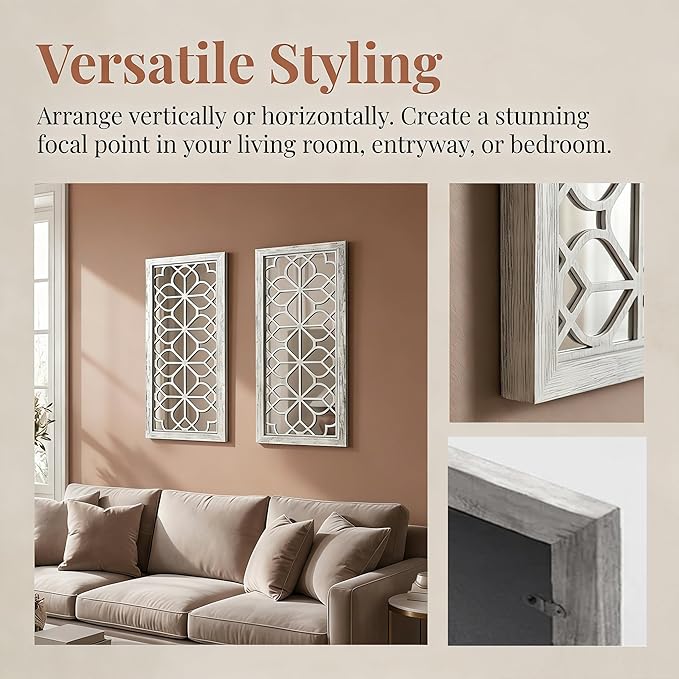 Set of 2 13x30 Inch Large Grey Shatterproof Carved Floral Wood Frame Wall Mirrors, Boho Farmhouse Rustic Accent Mirrors for Living Room Bedroom Bathroom & Home Decor