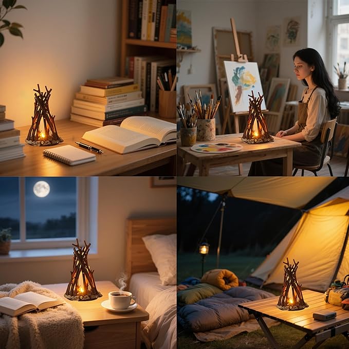 LED Night Light Wooden Campfire LED Dimmable Lamp with 3 Lighting Modes & Flame Sound, USB Powered Kids Nightlight & Desk Lamp for Bedroom, Office, and Relaxation, M