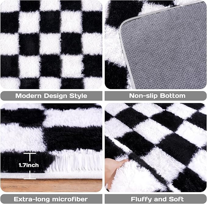 Checkered Rugs for Living Room 6x9, Ultra Soft Fluffy Rug for Bedroom, Modern Shaggy Carpets Rug for Girls Boys Room Home Indoor Nursery Teens Dorm Decor, Upgrade Non-Slip Durable, Black and White