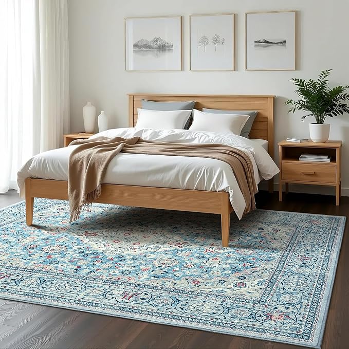 Goideal Washable Rug 3x5, Blue Area Rugs Non Slip, Indoor Low Pile Carpet with Rubber Backing for Living Room Kitchen Bathroom Entryway Office Bedroom