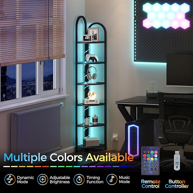 MAHANCRIS 6 Tier Corner Shelf with LED Light, 74.6'' Tall Corner Bookshelf Stand, Narrow Display Bookcase with Storage Rack for Wall Corner, Living Room, Bedroom, Small Spaces, Black CSBK66101