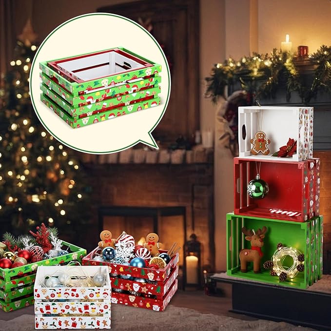 Novabright 3 Pcs Christmas Wood Crates 13'' 11'' 9'' Decorative Rustic Nesting Crate with Handle Farmhouse Wood Storage Basket Gift Boxes for Winter Display Candy Craft Pet Holiday Decor(Cute Style)
