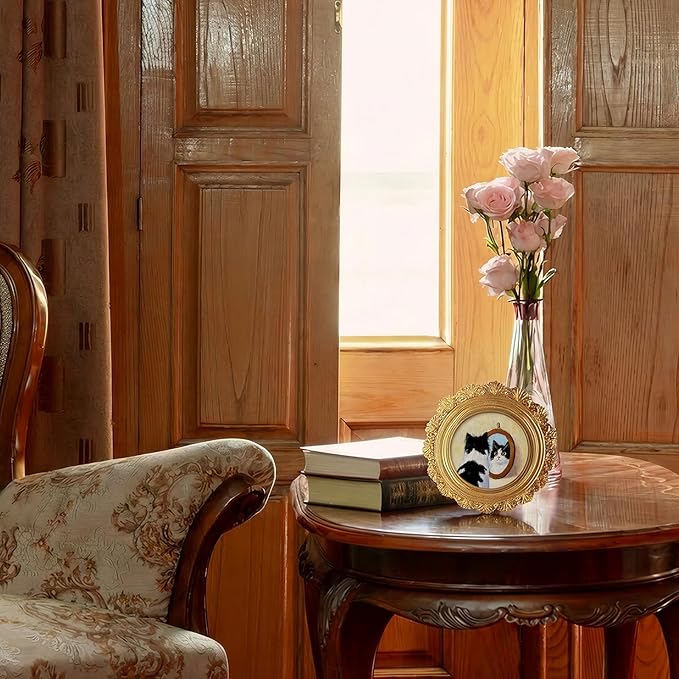 Small Funny Cat Mirror Round Picture Frame Wall Decor, Black White Cat Gold Mini Ornate Photo Frame for TableTop Desk 2.7in Photo, Whimsical Vintage Framed Artwork for Walls Office Bedroom