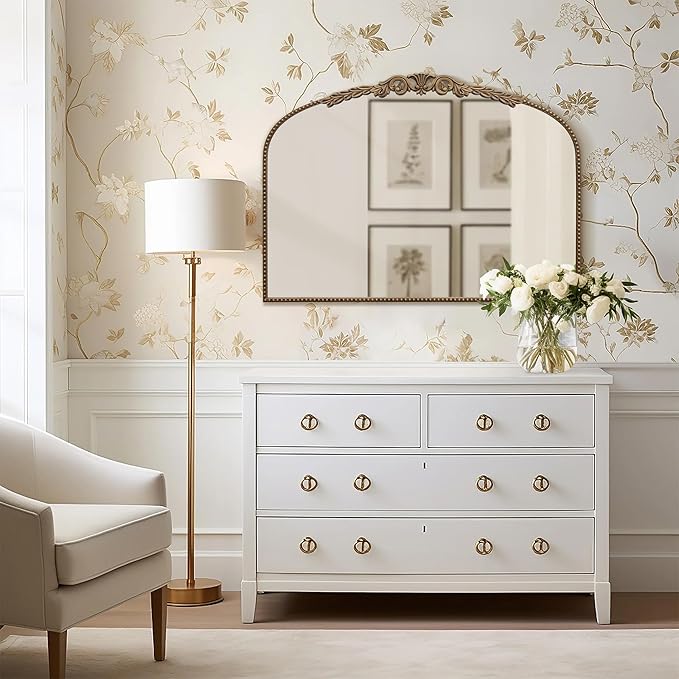 Besdomus Gold Large Arched Mirror: 40"x29" French Baroque Vintage Mirror - Traditional Ornate Antique Mirrors for Wall/Mantel/Bedroom/Entryway/Bathroom/Hallway - Home Decor for Fashion-Conscious