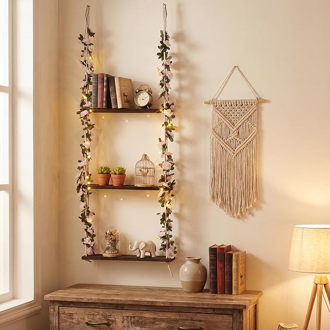 AceOrbit 3 Tier Wall Hanging Shelves with Artificial Ivy Leaves, 15.8"x52" Boho Room Decor Handmade Cotton Rope, Wooden Hanging Storage Floating Shelves for Small Plants, Living Room Bedroom