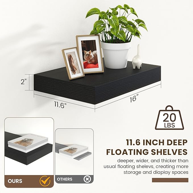 FLYJOE Deep Floating Shelves | 16 Inch Black Floating Shelves Set of 2 | 12 Inch Deep Black Wall Shelves | Deep Shelves for Living Room Bathroom Kitchen Bedroom