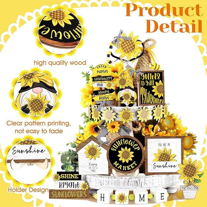 Bucherry 17 Pcs Sunflower Tiered Tray Decor Set Farmhouse Wooden Summer Table Signs Rustic Decorations for Home Spring Summer Table Centerpieces for Home Kitchen Shelf Tabletop