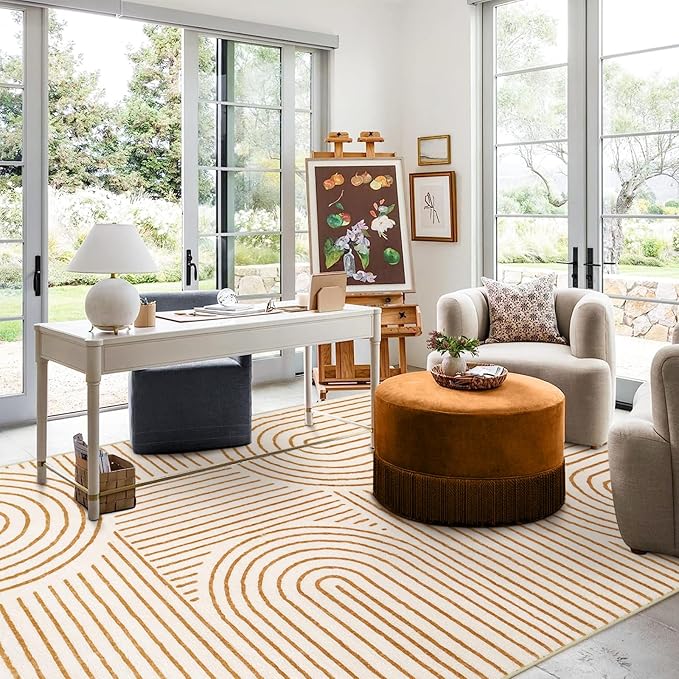 Lahome Abstract Machine Washable Rugs 8x10, Ultra-Thin Soft 8x10 Rugs for Living Room Office, Non-Slip Bedroom Rug Large Carpet Non-Shedding Accent Rug for Office Dining Room Darrell (8x10ft,Orange)