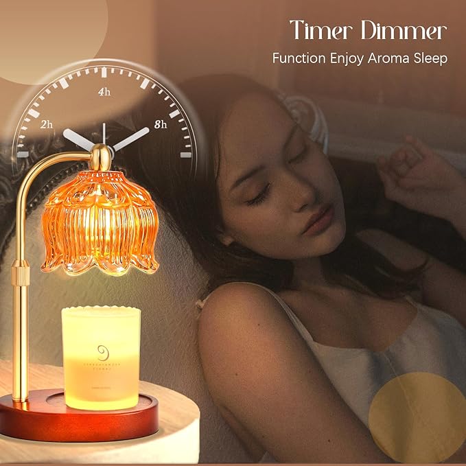 Adjustable Flower Candle Warmer Lamp with Timer, Lotus Tulip Glass Warmer Light for Jar Candles, Electric Wax Warming Melter, Gifts for Women Mom, Vintage Bedroom Decor (Amber)