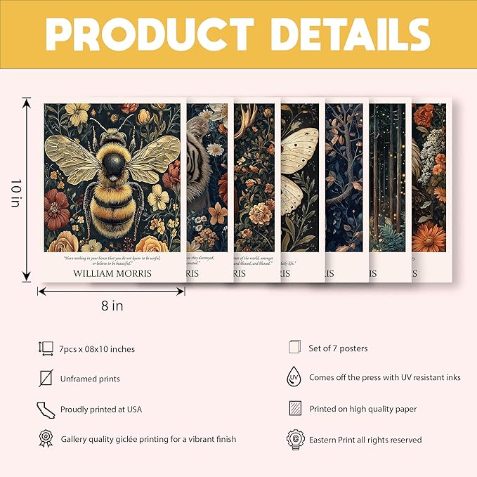 Eastern Print William Morris Wall Art Set Of 7 Prints, Vintage Animal Artwork For Walls Living Room And Bedroom, Colorful Posters For Room Aesthetic, Nature Botanical Wall Decor, Unframed 8x10 Inches