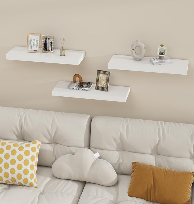 Vervida White Floating Shelves for Wall 24" W x 7.9" D x 1.5" H, Modern Style, for Living Room, Bedroom, Bathroom, Kitchen, Office, Storage, Display, with Invisible Brackets Wall Shelves(3 Pack)