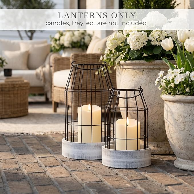 Rustic Farmhouse Lantern Decor Set of 2 - Stylish Decorative Lanterns for Your Living Room, Fireplace Mantle or Kitchen Dining Table - Modern Indoor/Outdoor Coffee Table Decor for Your Entire Home