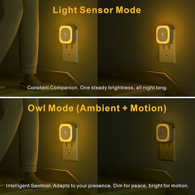 YUNLEX 2 Pack Plug in Night Light with Motion Sensor & Dusk to Dawn Sensor, 3 Sensor Modes, Auto ON/Off, Dimmable Nightlight for Living Room, Hallway, Bathroom, Golden Yellow
