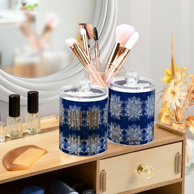2 Pack Apothecary Jars Blue Snowflake Textile Design Bathroom Vanity Storage Organizer Set,Small Clear Plastic Storage Jars Bathroom Canister for Cotton Swabs, Rounds, Balls, Qtips,Makeup Spong