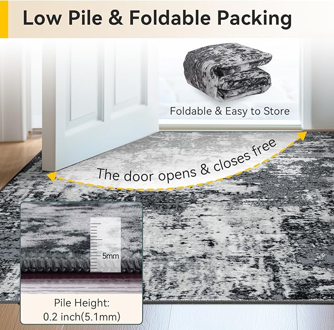 RELEANY Washable Area Rugs 2'6"x14 Non-Slip Modern Abstract Soft for Living Room Entryway Bedroom Nursery, Print Pattern, Black Navy Blue Gray