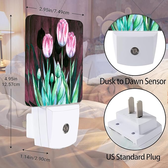 Pink Tulips on Dark Night Light, Dusk to Dawn Smart Sensor Nightlight for Bedroom Bathroom Kitchen Hallway Stairs Hallway, Plug-in, Energy Efficient Decor Desk Lamp Gifts
