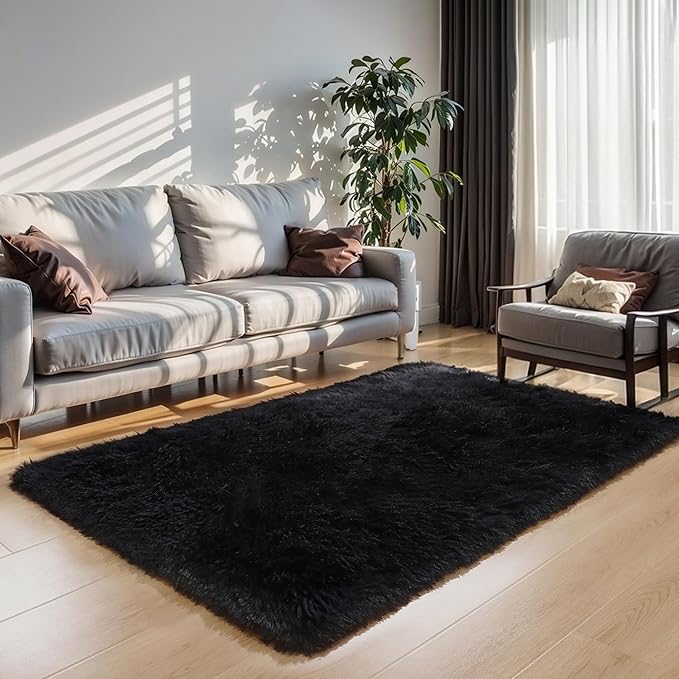 KICHOWUA 4x6 Black Fluffy Shag Rug for Bedroom, Ultra Soft Plush Fuzzy Washable Cozy Carpet for Living Room, Modern Non Slip Floor Comfy Furry Shaggy Area Rug for Kids Baby Boys Girls Nursery Dorm