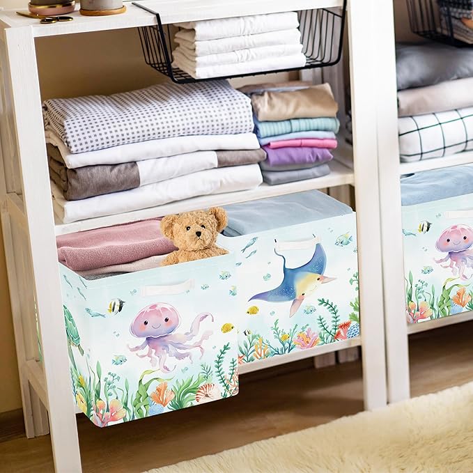 11.8" Marine Animals Cube Storage Organizer Set 3Pcs Ocean Sharks Turtles Cube Storage Bin for Bathroom/Bedroom Kid Book Toy Chest, Jellyfish