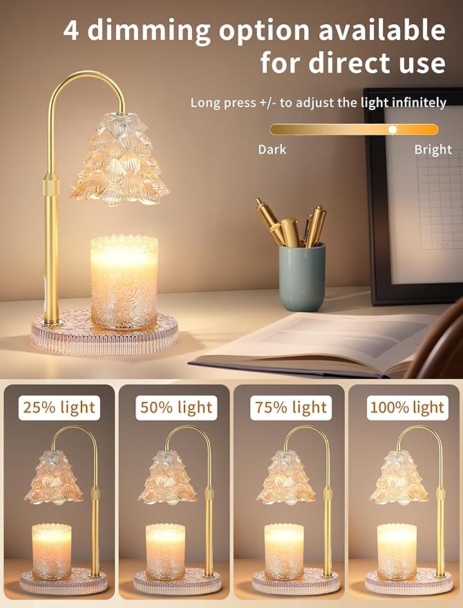 Candle Warmer Lamp with Timer & Dimmer, Crown Glass Lamp Candle Warmer for Jar Candles, 2 Bulbs, Height Adjustable Electric Wax Warmer for Elegant Home Decor (Golden Glow Tree)