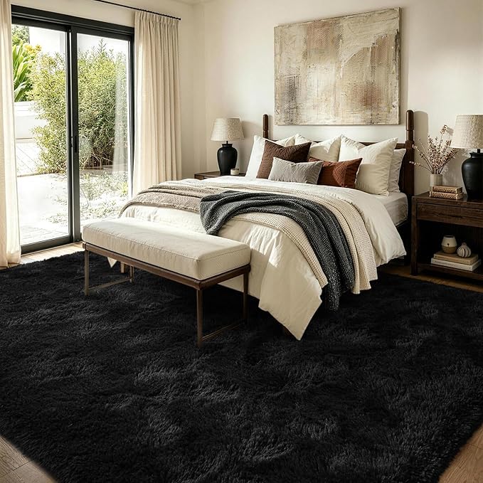 FinRèc 6x9 Feet Black Rugs for Bedroom Living Room, Plush Shag Area Rug, Non-Slip Fluffy Furry Rug for Nursery Kids Room Dorm Room Home Decor, Indoor Shaggy Floor Carpet