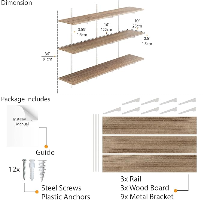 Wallniture Turin 48"x 10" Rustic Floating Wall Storage Shelf, Wall Book Shelves with Adjustable Metal White Brackets, Storage Shelving Unit, Garage, Pantry, Burnt